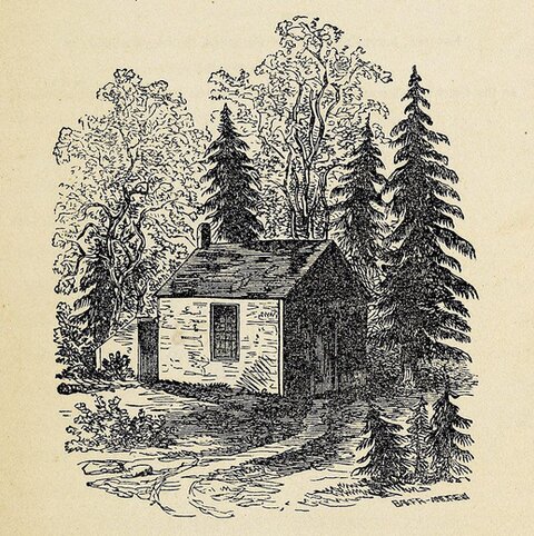 Engraving of Thoreau's cabin in the woods at Walden Pond